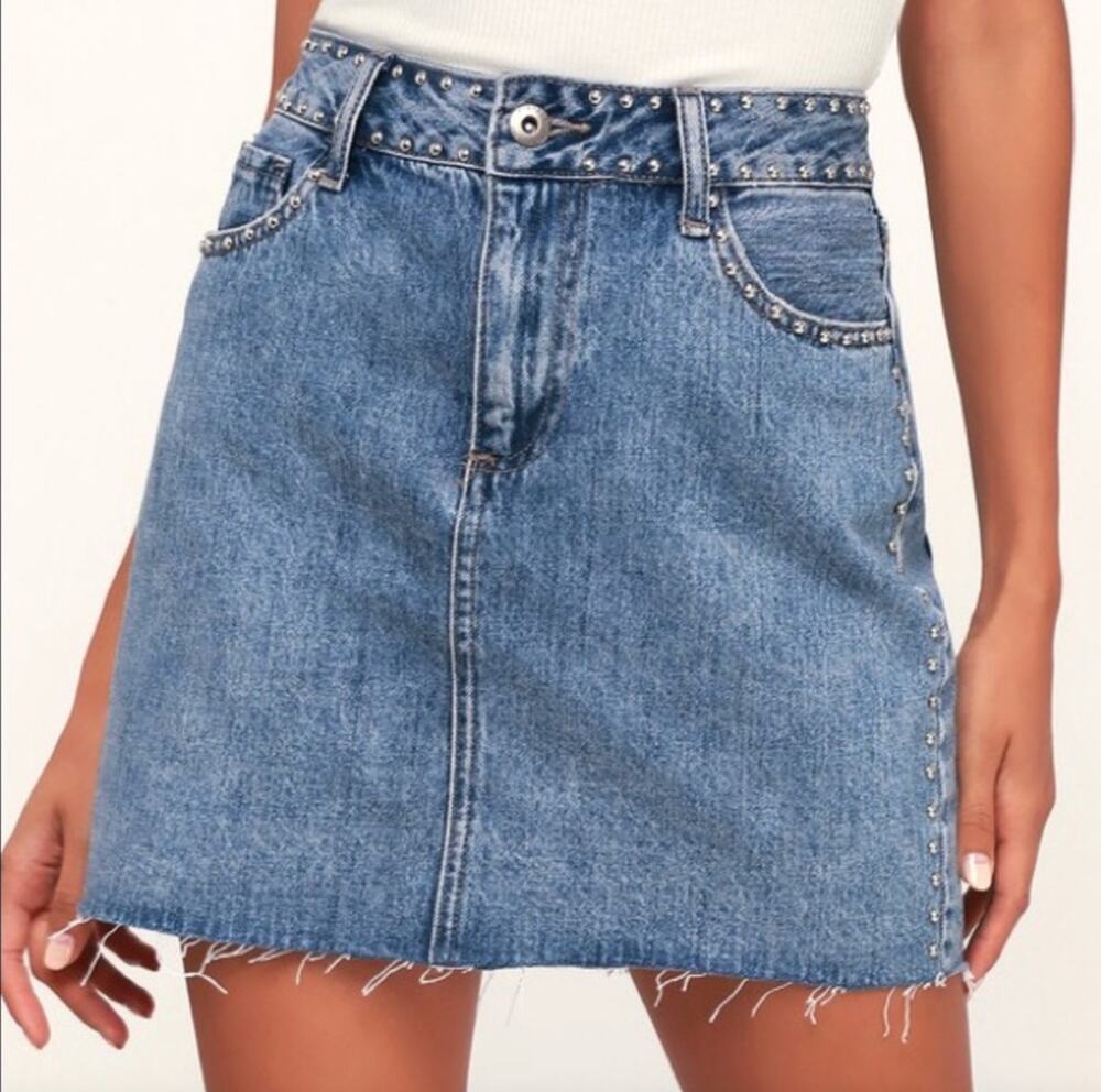 Pistola  Studded Denim Mini Skirt Size 25 Raw Hem Blue Jean Skirt